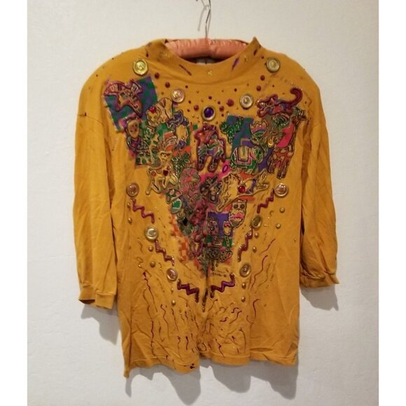 Vintage KWBL Los Angeles Mock Neck Mirror Paint Metallic Top 3/4 Sleeve Mustard - Picture 1 of 7